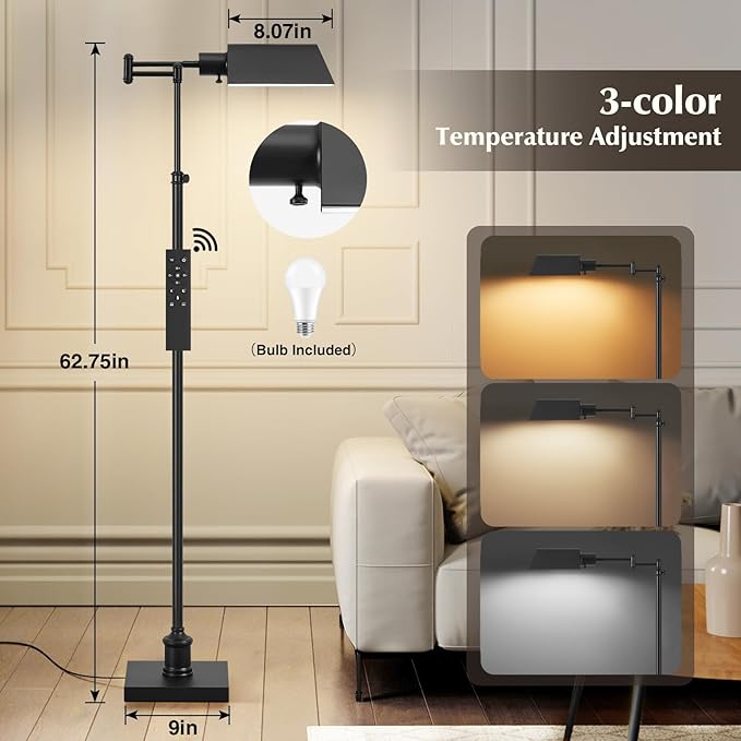 GyroVu Traditional Height Adjustable Pharmacy Floor Lamp with 350° Swing Arm, Color Temperature Adjustable Standing Lamp Metal Shade for Living Room Reading House Bedroom Home Office(Black)