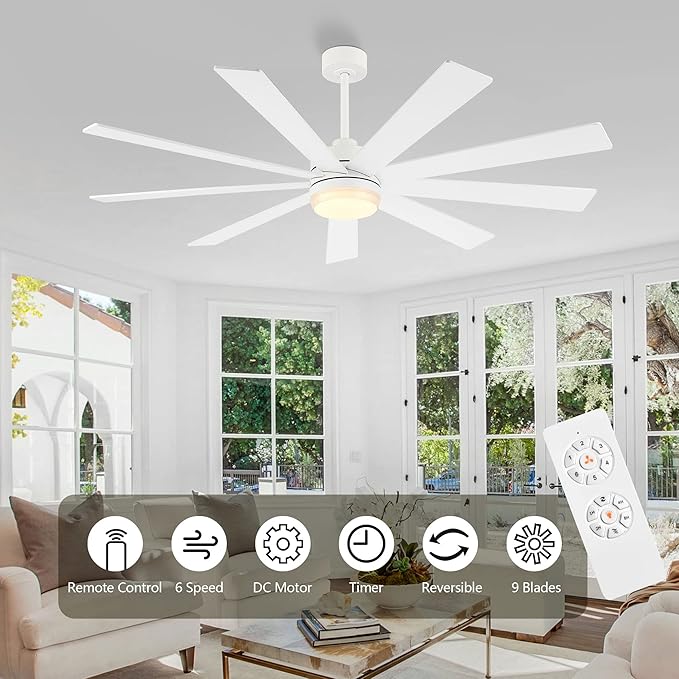 64" Ceiling Fan with Light White, 6-Speed Remote Control, Reversible DC Motor, Modern 9 Blades with 4.5"/12" Downrods for Home or Commercial, Living Room/Restaurant