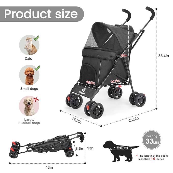 Pet Stroller for Small Dogs Medium Dogs 33lbs, Dog Pram Ultra Light - only 3.5 kg, Dog Stroller Pet Pram with 4 Wheel Foldable/Storage Basket/Cup Holder-P07