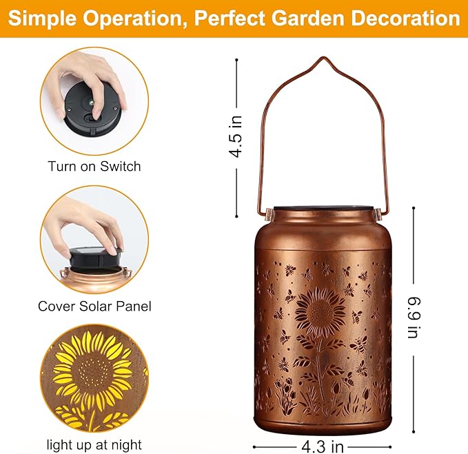 Solar Lanterns Outdoor, Waterproof Hanging Metal Solar Lanterns LED Decoration for Garden, Yard, Patio - Perfect Birthday Gifts for Women Mom Grandma(Sunflower + Bee)