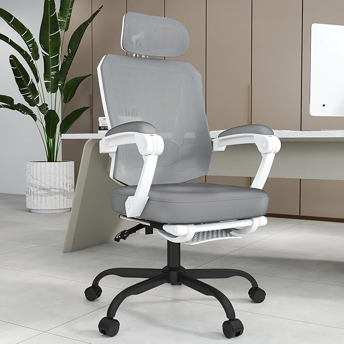 Ergonomic Office Chair with Footrest, High Back Swivel Mesh Desk Chair, Big and Tall Rolling Computer Chair with Headrest, Lumbar Support, 3-Level Tilt Backrest for Home, Bedroom, Work