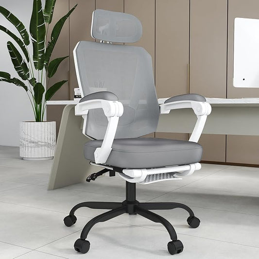 Ergonomic Office Chair with Footrest, High Back Swivel Mesh Desk Chair, Big and Tall Rolling Computer Chair with Headrest, Lumbar Support, 3-Level Tilt Backrest for Home, Bedroom, Work