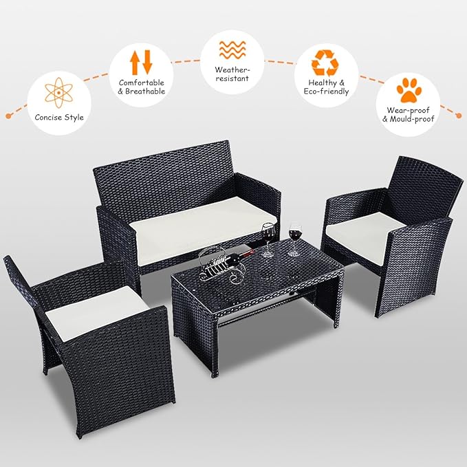Goplus 4-Piece Rattan Patio Furniture Set, Outdoor Wicker Conversation Sofa with Weather Resistant Cushions and Tempered Glass Tabletop for Lawn Backyard Pool Garden (White(Black Wicker))