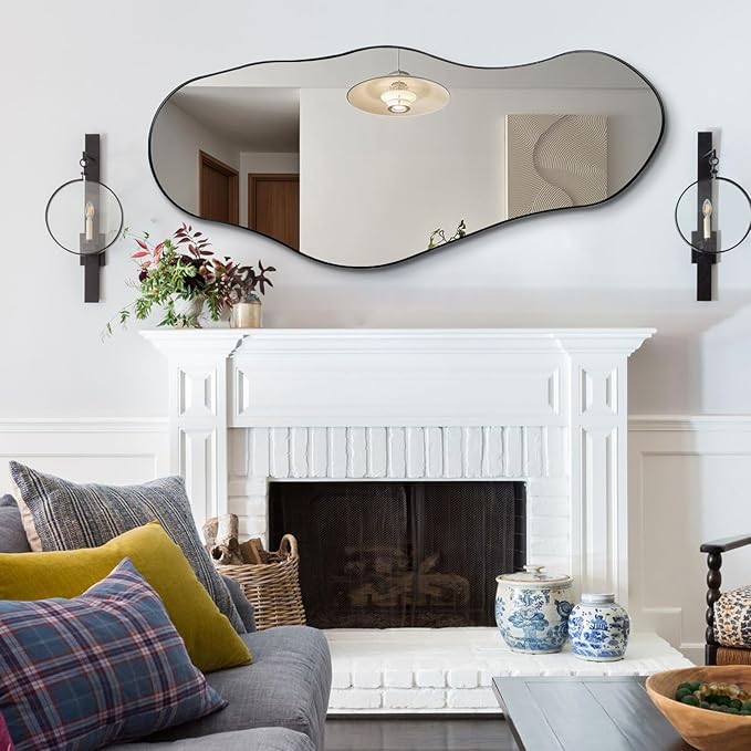 Irregular Mirror, 47"x20.5" Asymmetrical Mirrors, Abstract Wall Mirror with Metal Frame, Modern Unique Shaped Mirrors for Living Room Bathroom Bedroom Hallway Entryway Fireplace