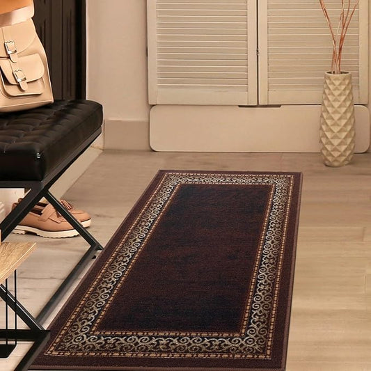 Antep Rugs Alfombras Bordered Modern 2x4 Non-Slip (Non-Skid) Low Pile Rubber Backing Kitchen Area Rug (Brown, 2'3" x 4')