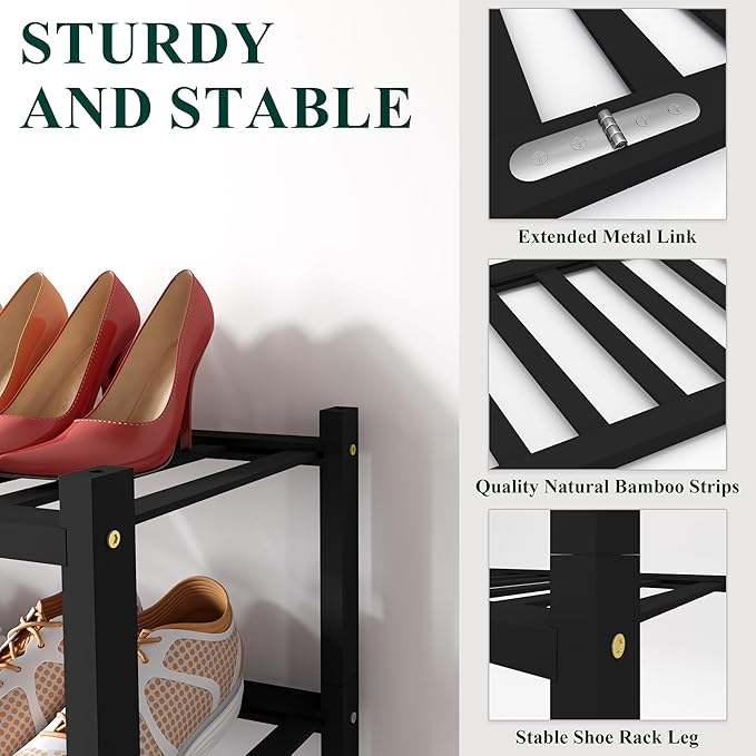 Smiry Shoe Rack, 3 Tier Long Bamboo Shoe Organizer, Stackable Free Standing Wooden Shoe Storage Shelf for Closet, Entryway, Front Door Entrance, Black