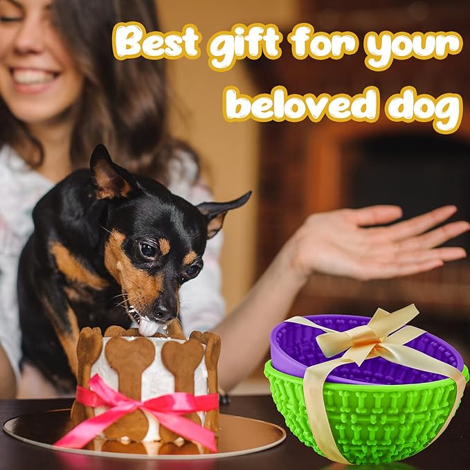 Patelai 2 Pcs Dog Enrichment Lick Bowls Silicone Freeze Bowls Interactive Cat Licking Mats Slow Feeders for Pet Oral Health Boredom Anxiety Relief, Wobble or Stay Put(Green, Purple,Bone)