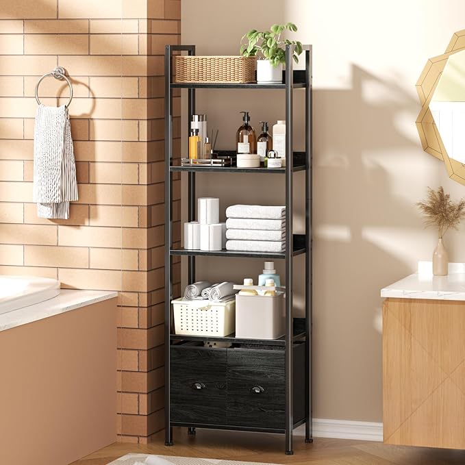 Furologee 5-Tier Bookshelf, Tall Bookcase with 2 Storage Drawers, Industrial Display Standing Shelf Units, Wood and Metal Storage Shelf for Living Room, Bedroom, Home Office, Black Oak