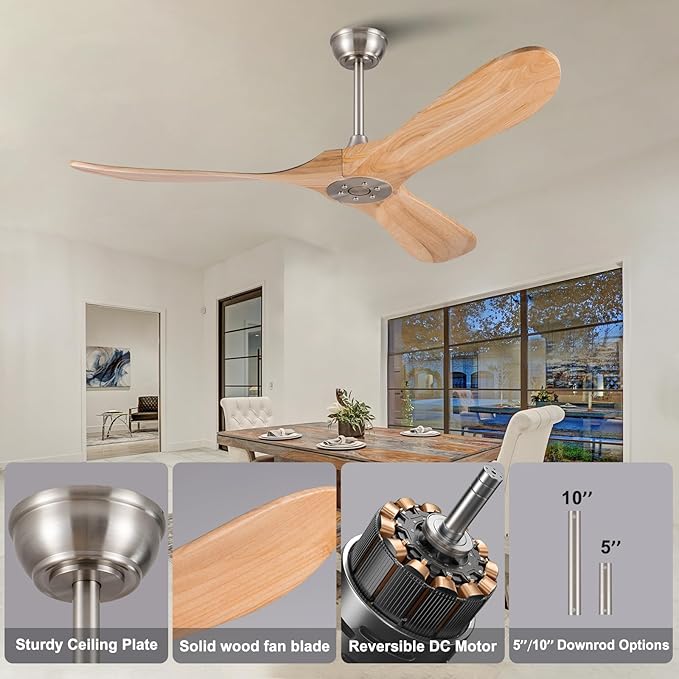 52 Inch Solid Wood Ceiling Fan with Remote,Outdoor Ceiling Fan no Light,6 Speeds,Noiseless,Reversible DC Motor,Modern Ceiling Fans without Lights for Bedroom Farmhouse Patios Study Brushed Nickel