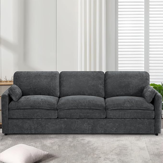 89" Chenille Soft Sofa w/Well-Filled Backrests, Modern Couch w/Plump Pillows, 3 Seater Upholstered Couch w/Thick & Comfy Cushions for Living Room, Bedroom, Grey