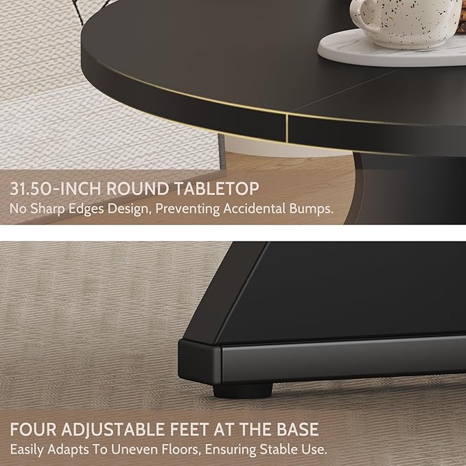 31.5 Inch Small Round Dining Table for 2, Modern Farmhouse Wood Kitchen Table, Rustic Black Circle Dining Room Table with Pedestal Base for Kitchen and Dining Room Furniture