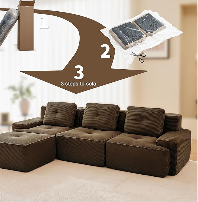 115" Modern Compressed Boneless Couch with Ottoman, 3 Seater Large L Shaped Sectional Couches for Living Room, Brown Corduroy Cloud Modular Sectional Sofa, Memory Foam, Extra Deep, No Assembly