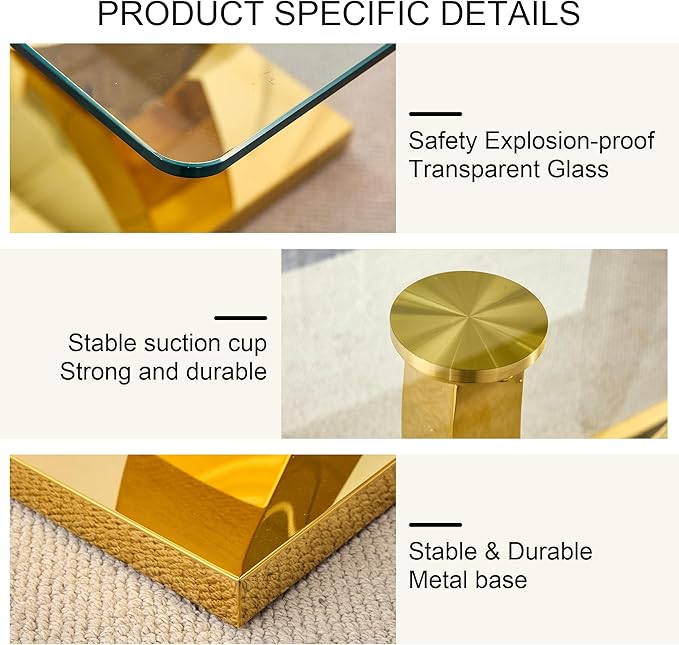 Modern Gold Dining Table for 6-8,Rectangular Glass Dinner Table with Tempered Glass Tabletop and Golden Plating Metal U-Shaped Pedestal for Kitchen Dining Room (Gold5)