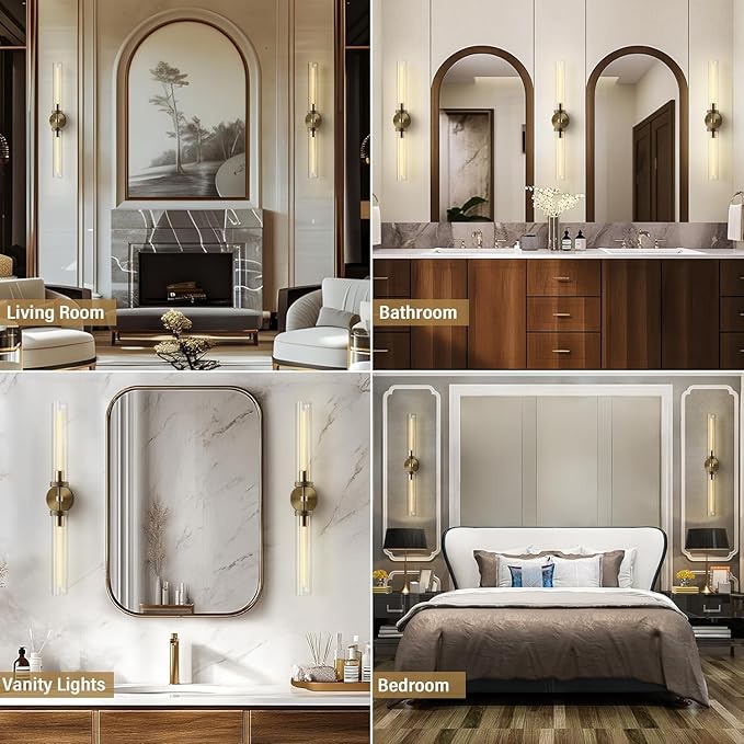 Brass Wall Sconces, 30in Gold 2-Light Double Glass Sconces Wall Lighting, Bathroom Knurled Vanity Light Sconces, Wall Lights for Living Room Bedroom（Including Bulb）