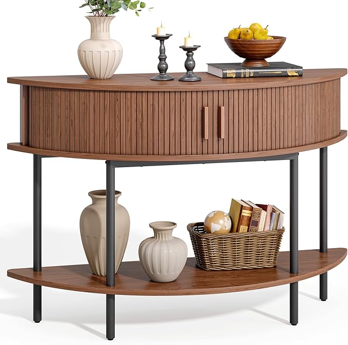 ONBRILL Half Moon Fluted Console Table, Entryway Table with Storage, Mid-Century Modern Sofa Tables, Behind Couch Tables, for Entryway, Hallway, Living Room, Small Spaces, Walnut
