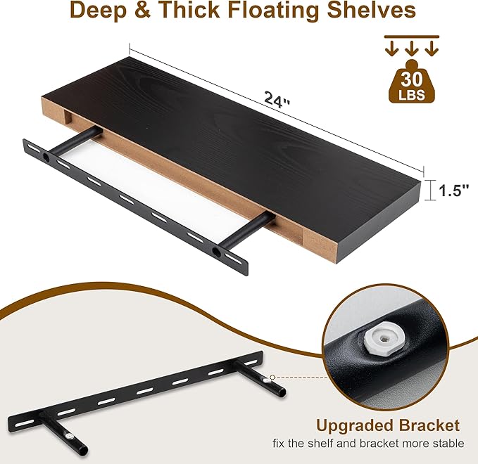 Fun Memories Floating Shelves for Wall, 24Inch Floating Shelves Set of 2, Hanging Shelf with Invisible Brackets, Wood Shelves for Living Room, Bedroom, Kitchen, Black