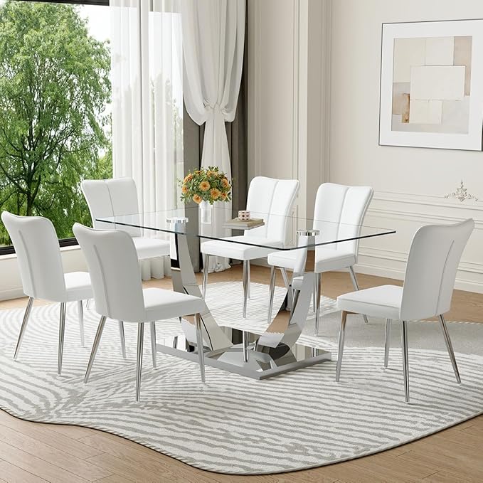 Glass Dining Table Set for 6,Dining Room Table Set for 6,Kitchen Table Set with 6 PU Leather Chairs,63'' Glass Dining Table Set with Silver U-Shaped Table Legs and Rectangular Base