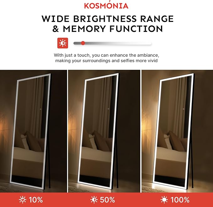 Kosmonia 68x20 Full Length Mirror, Dimmable 3 Color LED Light w/Light Memory, Distortion Free Silver Coating Mirror, HD Reflection &Anti Desilvering,Tempered Glass &Shatter Proof Film Doubles Safety