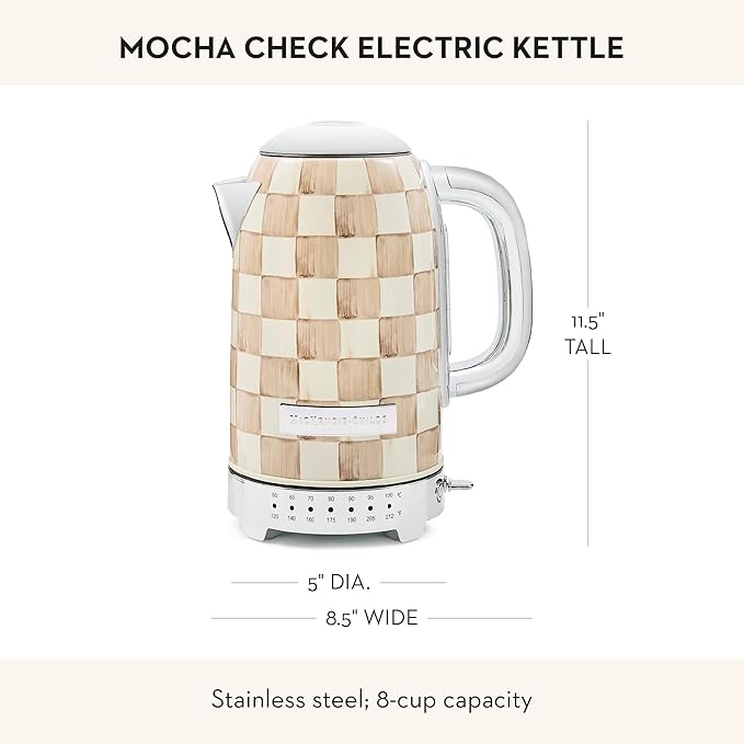 MACKENZIE-CHILDS Electric Kettle, Stainless-Steel Tea Kettle, Brown-and-White Mocha Check