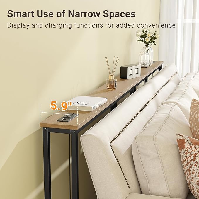 ELYKEN 5.9" Narrow Console Sofa Table with Power Outlets, Total 39.4” Long Behind Couch Table with Charge Station and 6.5’ Extension Cord for Living Room, 5.9" D x 39.4”W x 29.5”H, White Oak