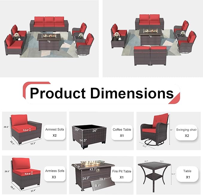Kurapika 10 Pieces Patio Furniture Set, Rattan Wicker Outdoor Conversation Sets w/43in Propane Fire Pit Table, Swivel Rocking Chairs Patio Sectional Sofa w/4 Inch Cushion, Red