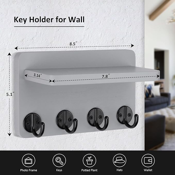 Nekon Key Holder Wall Mount, 8.5 Inch Small Home Decor Wooden Wall Organizer with 4 Hooks and Shelf, Wall Decor for Living Room Entryway Kitchen (Gray)