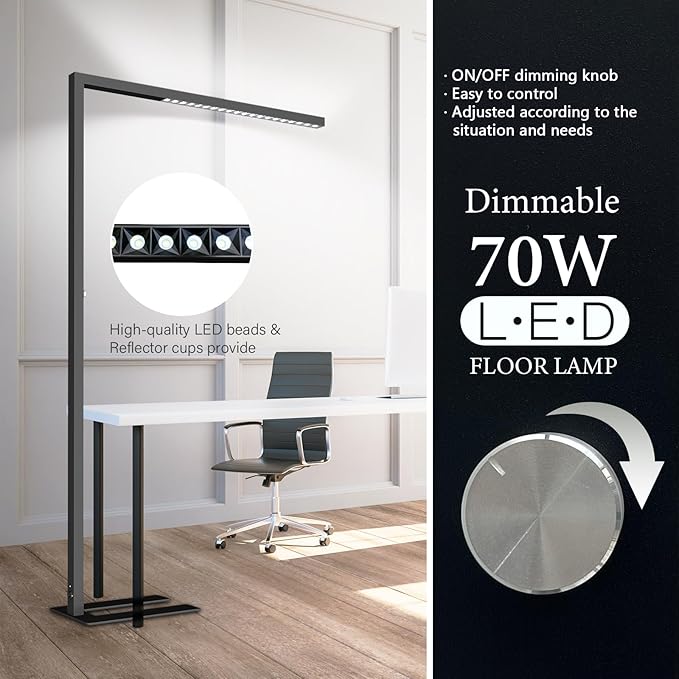 STERREN 77" LED Floor Lamp, 7350LM Dimmable Eye-Care Standing Piano Lamp, 70W Modern Tall Reading Light Bright Lighting for Office Living Room Bedroom, 4000K Natural Daylight - Black