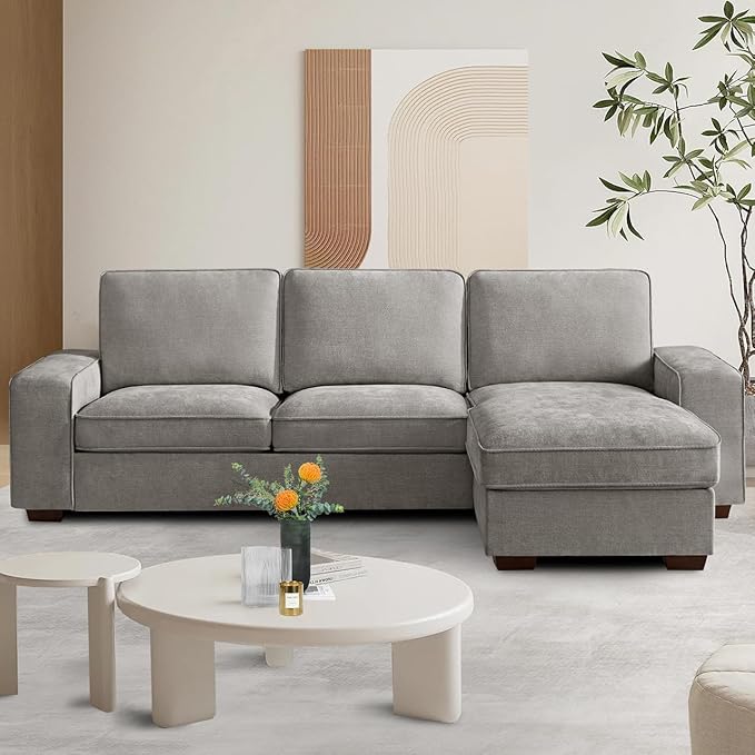 PARKOL 99" L-Shaped Sectional Couch with Storage, Sofa with Reversible Chaise, USB Type-C Charging, Chenille Fabric, Removable Cushion Covers, for Small Space, Apartment, Living Room, Light Gray