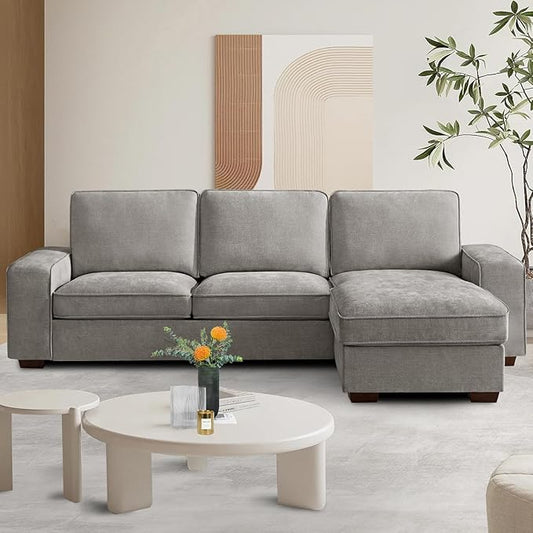 PARKOL 99" L-Shaped Sectional Couch with Storage, Sofa with Reversible Chaise, USB Type-C Charging, Chenille Fabric, Removable Cushion Covers, for Small Space, Apartment, Living Room, Light Gray