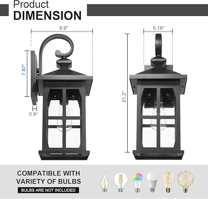 Darkaway Large Outdoor Light Fixtures Wall Mount, 21inch Outdoor Wall Lights Exterior Lighting Fixtures Waterproof Black Outside Wall Sconce with Seeded Glass for House Porch Hallway Garage Front Door