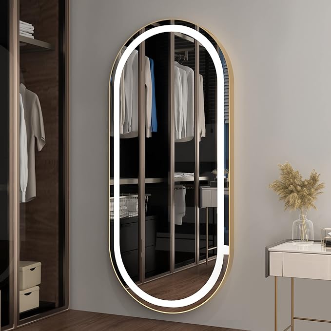 FENNIO 70" x 32" Large Luxury Wall Mounted Mirror with LED Lights - Oval Full Length LED Lighted Full Body Dressing Mirror for Bedroom, Salon, Brushed Aluminum Frame, Tempered Glass