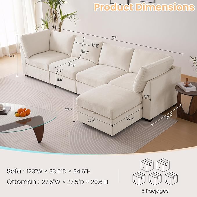 TEKAMON 123" Modular Sectional Sofa with Ottoman,Extra Large Comfy Cloud 4-Seat Deep Seat, Reversible Chaise Modular Sectional Couches for Living Room and Apartmenr,Beige