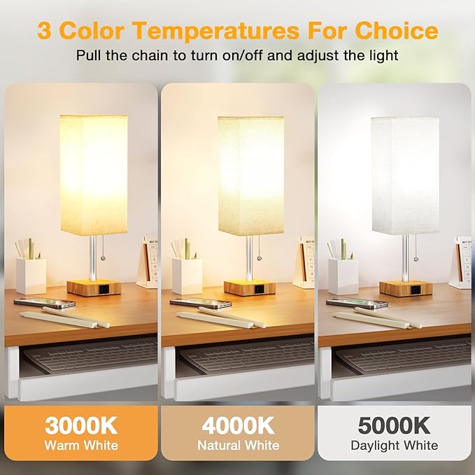 aooshine Beige Small Table Lamp for Bedroom - 3 Color Temperature 3000K 5000K 4000K Bedside Lamp, Pull Chain Control, USB A and C Ports, Wood-Grain Base, Bulb Included