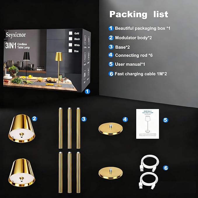 2 Pack Gold Cordless Table Lamp Rechargeable, Metal Small Bedside Table Lamp with 3 Adjustable Pole, 5400mAh Battery Operated Touch Lamp for Bedroom Kitchen Dining Waterproof & Portable