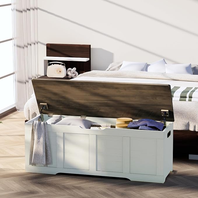 47.2" Storage Chest, Extra Large Storage Trunk with 2 Safety Hinges, Wooden Storage Bench, Shoe Bench, Entryway Bench for Living Room, Bedroom, Brown and Rustic White