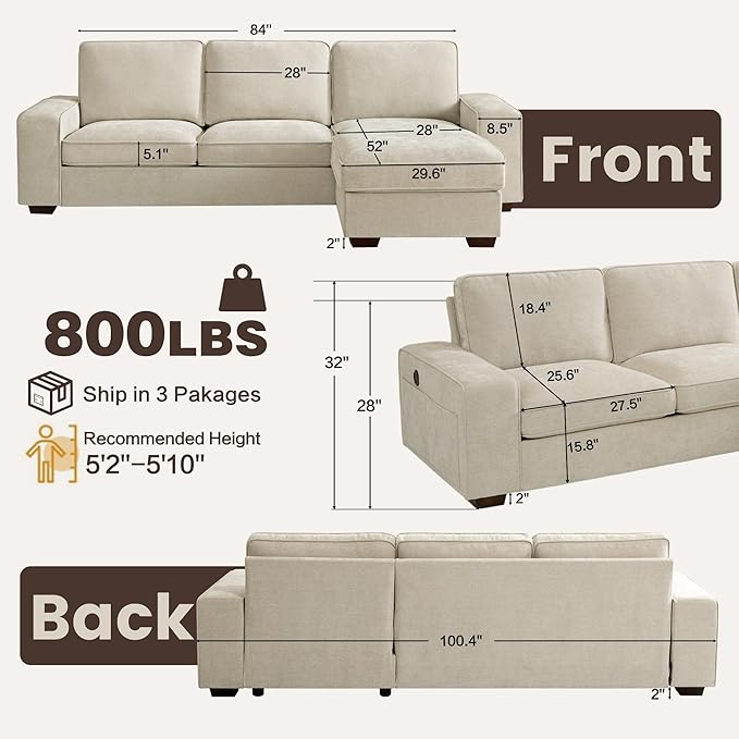 PARKOL 99" L-Shaped Sectional Couch with Storage, Sofa with Reversible Chaise, USB Type-C Charging, Chenille Fabric, Removable Cushion Covers, for Small Space, Apartment, Living Room, Beige