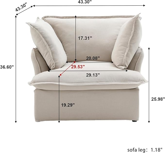 WJShome Modern Down Filled Sigle Middle Seat, Cloud Modular Sectional Sofa, Minimalist Wide Deep Seat Couches for Living Room Apartment Lounge Bedroom (White)