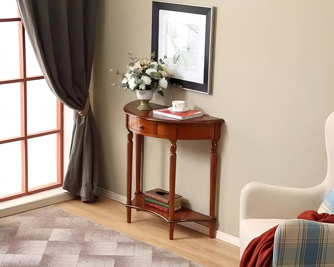 Solid Wood Console Table with Drawer, Semi-Circle Entryway Storage Shelf, Half-Moon Porch Table Side Elegant Vintage Sofa for Living Room (39.4" L x 15.7" W x 34.4" H)