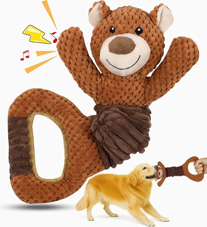 Swooflia Tug of War Dog Toy-Squeaky Plush Tug a War Dog Toy for Medium Large Breed Dogs to Keep Them Busy, Interactive Crinkle Doggie Toy, Cute Bear with Soft Long Pull Handle