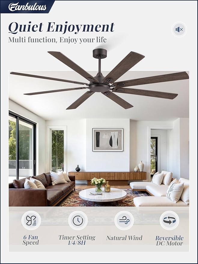 72 Inch Ceiling Fans No Light with Remote, Modern Ceiling Fan Without Light, Dual Finish 8 Blades, Reversible DC Motor, 6 Speed, Large Ceiling Fan for Indoor or Covered Outdoor, Oil Bronze