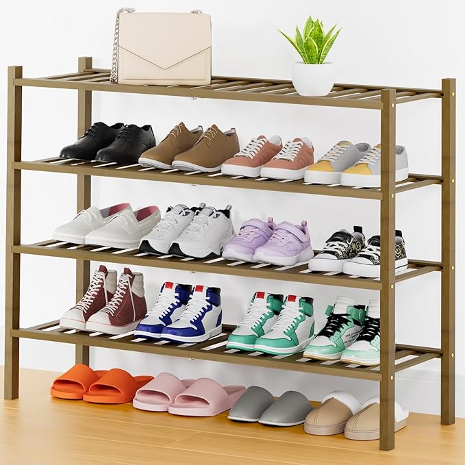 Smiry Shoe Rack, 4 Tier Thick Long Bamboo Shoe Organizer, Stackable Free Standing Wooden Shoe Storage Shelf for Closet, Entryway, Front Door Entrance, Walnut