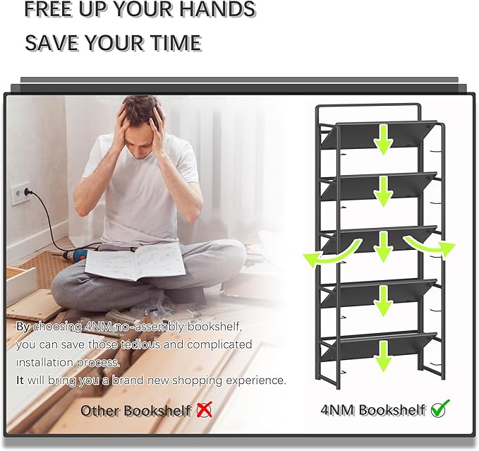 4NM No Assembly 5 Tiers Folding Bookshelf Storage Shelves Vintage Bookcase Standing Racks Study Organizer Home Office (All Black)