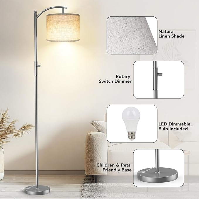 Dimmable Floor Lamp, Arc Floor Lamps for Living Room, Stepless Dimming Modern Standing Lamp with Linen Shade, Tall Lamp for Bedroom Office Dining Room- Silver