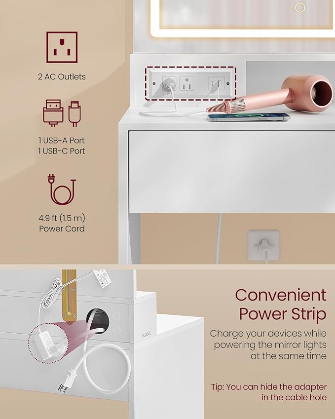 VASAGLE KAILYN Collection - 43.3-Inch Wide Vanity Desk with Mirror and Lights, Power Outlets, Vanity Table Set with Stool, Jewelry Storage, Adjustable Shelves, for Bedroom, Cloud White URDT632W02