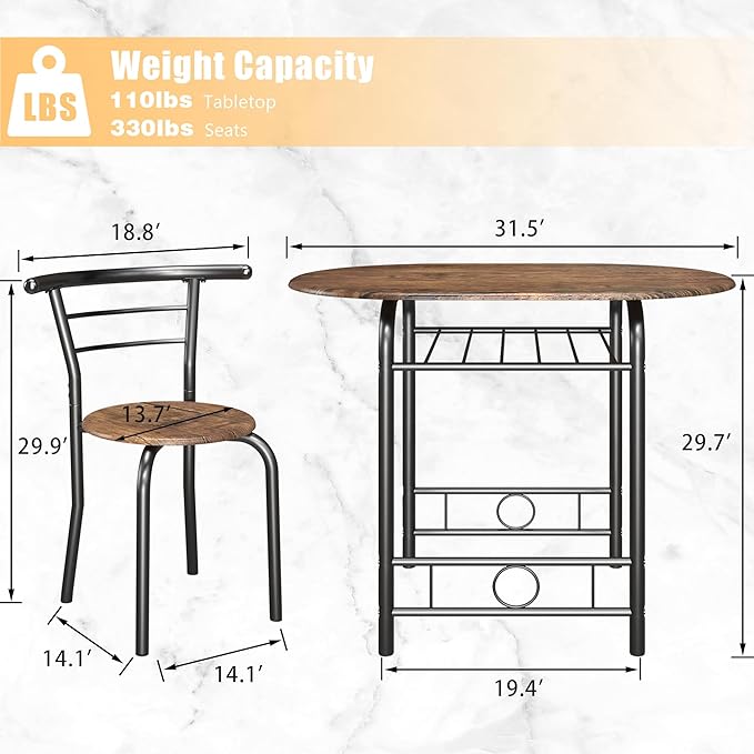 JUMMICO 3-Piece Wooden Round Table & Chair Set, Space Saving Kitchen Breakfast Nook Wood Grain Tabletop with Metal Frame and Built-in Wine Rack for Kitchen, Dining Room (Brown/Black)