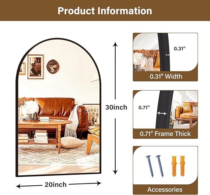 20"x30" Black Arched Bathroom Mirror - Wall Mirror for Bathroom, Metal Frame Vanity Mirror, Dresser Mirror, Arch Decorative Mirrors for Living Room, Bedroom, Entryway, Mantle