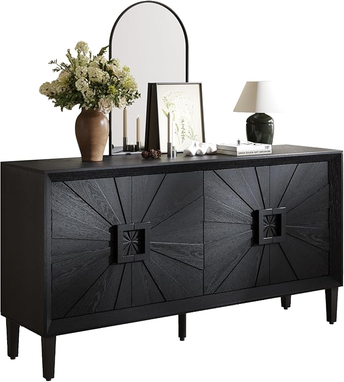 60'' Rustic Large Sideboard with 4 Doors and Adjustable Shelves, Heavy-Duty Antique Wood Entryway Console Table TV Stand for Living Room Dining Room (Black-10.2)