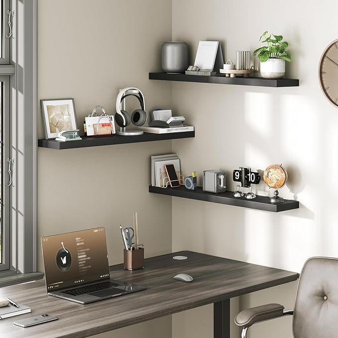 Floating Shelves for Wall, 1.5" Thick Wall Shelf Set of 3 with Invisible Brackets, L31.5 x W7.9 Hanging Book Shelves Farmhouse Home Decor for Bathroom, Living Room, Bedroom, Black 8301BJP3BK