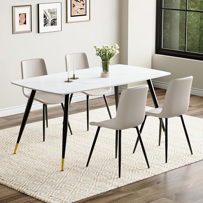 White Modern Dining Table Set for 4, 62'' Rectangular Sintered Stone Table with 4 Chairs