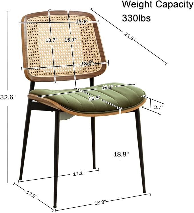 LUNLING Dining Chairs Set of 2 Mid Century Modern Retro Green Velvet Kitchen Chairs with Walnut Bentwood Upholstered Seat Metal Legs Adjustable Foot for Kitchen Dining Room Chairs(Green Fabric)